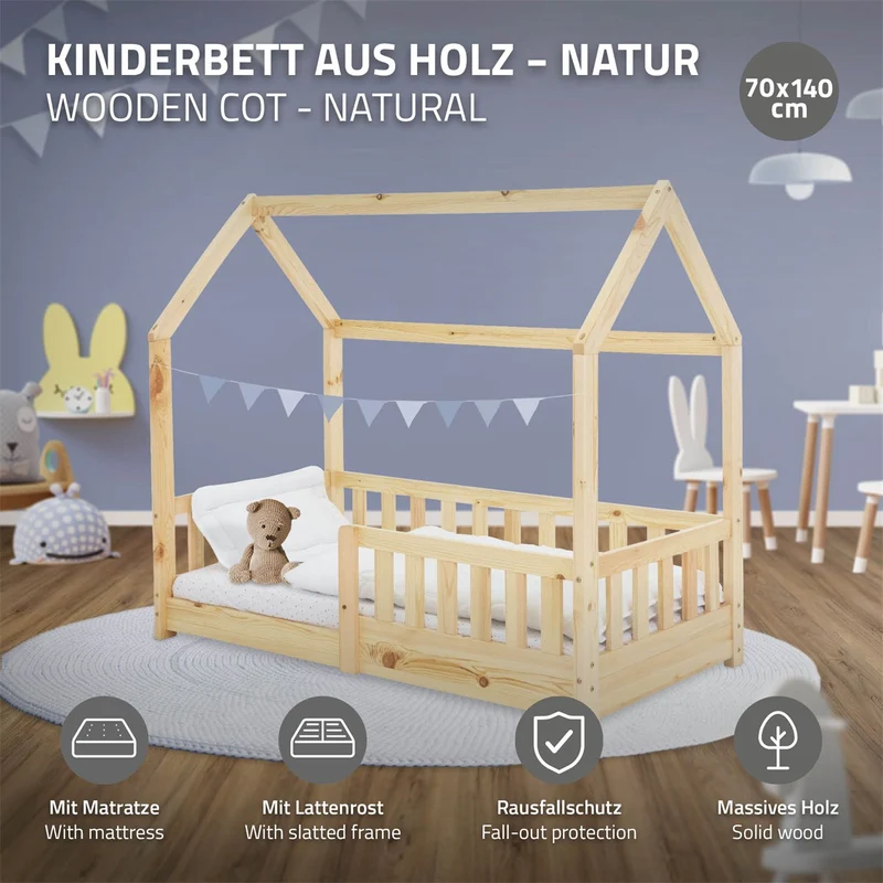 Kinderbett Hausbett 70x140 cm aus Kiefernholz inkl. Matratze H-10cm Rausfallschutz Dach und Lattenrost ML-Design
