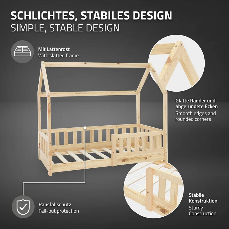 Kinderbett Hausbett 70x140 cm aus Kiefernholz inkl. Matratze H-10cm Rausfallschutz Dach und Lattenrost ML-Design