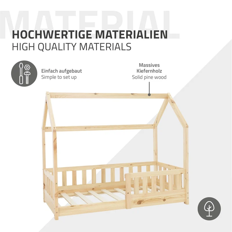Kinderbett Hausbett 70x140 cm aus Kiefernholz inkl. Matratze H-10cm Rausfallschutz Dach und Lattenrost ML-Design