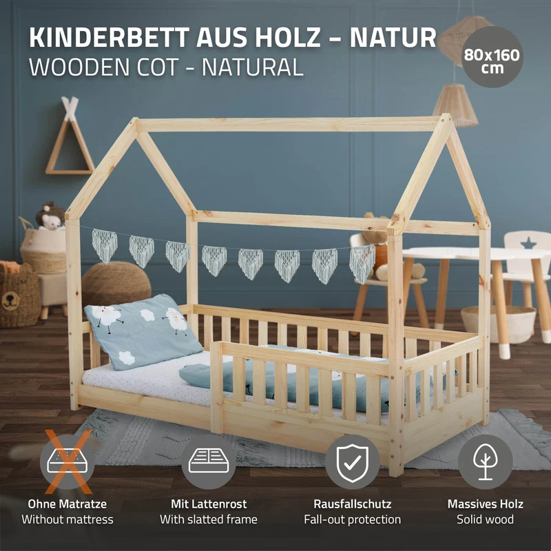 Kinderbett Hausbett 80x160 cm aus Kiefernholz mit Rausfallschutz Dach und Lattenrost Holzbett ML-Design