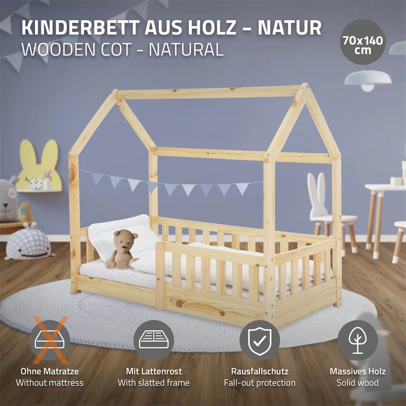 Kinderbett Hausbett 140x70 cm aus Kiefernholz mit Rausfallschutz Dach und Lattenrost Holzbett ML-Design