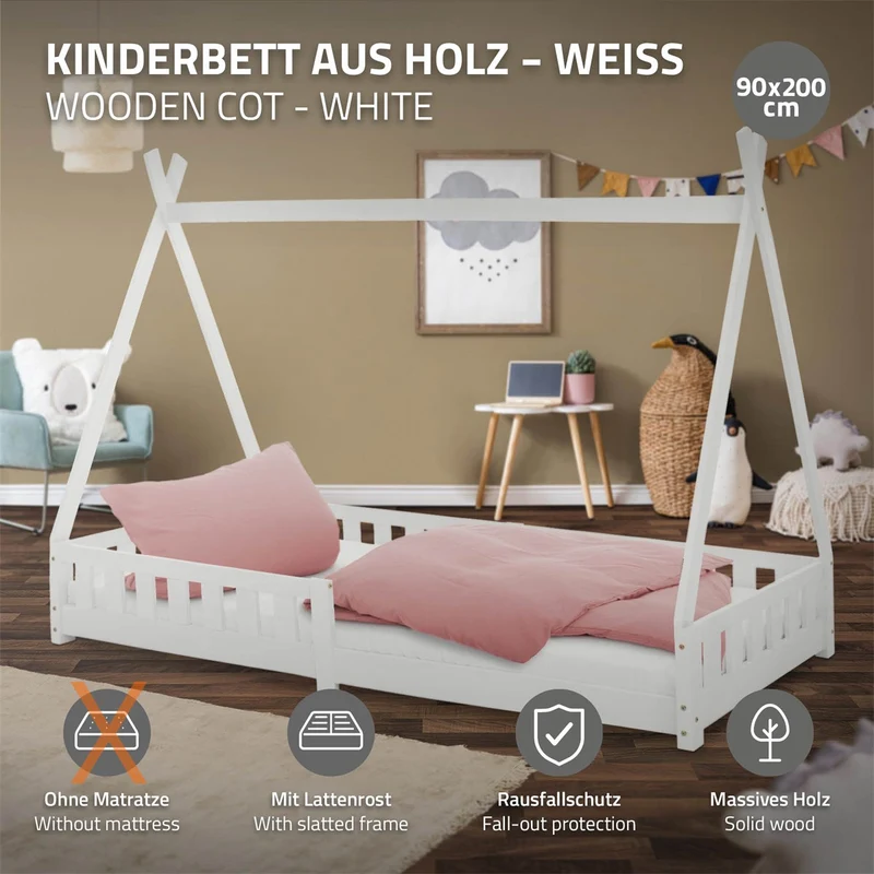 Kinderbett Tipi 90x200 cm Weiß aus Kiefernholz mit Rausfallschutz und Lattenrost Holzbett ML-Design
