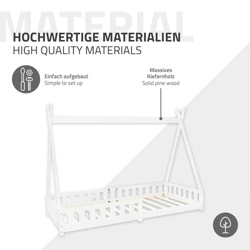 Kinderbett Tipi 90x200 cm Weiß aus Kiefernholz mit Rausfallschutz und Lattenrost Holzbett ML-Design