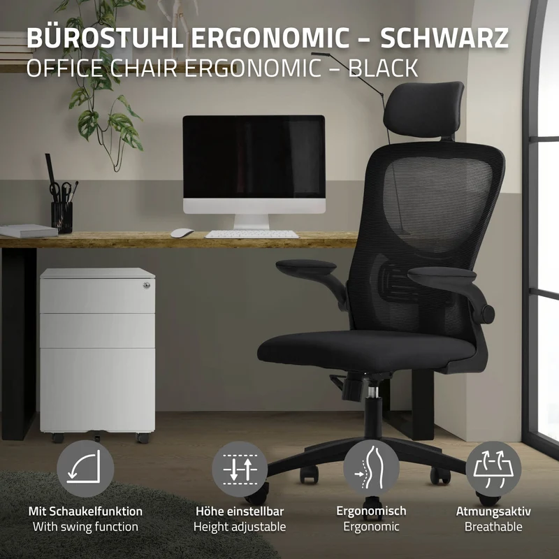 Ergonomischer Bürostuhl Schwarz Netzgewebe mit verstellbarer Kopfstütze und Rollen ML-Design