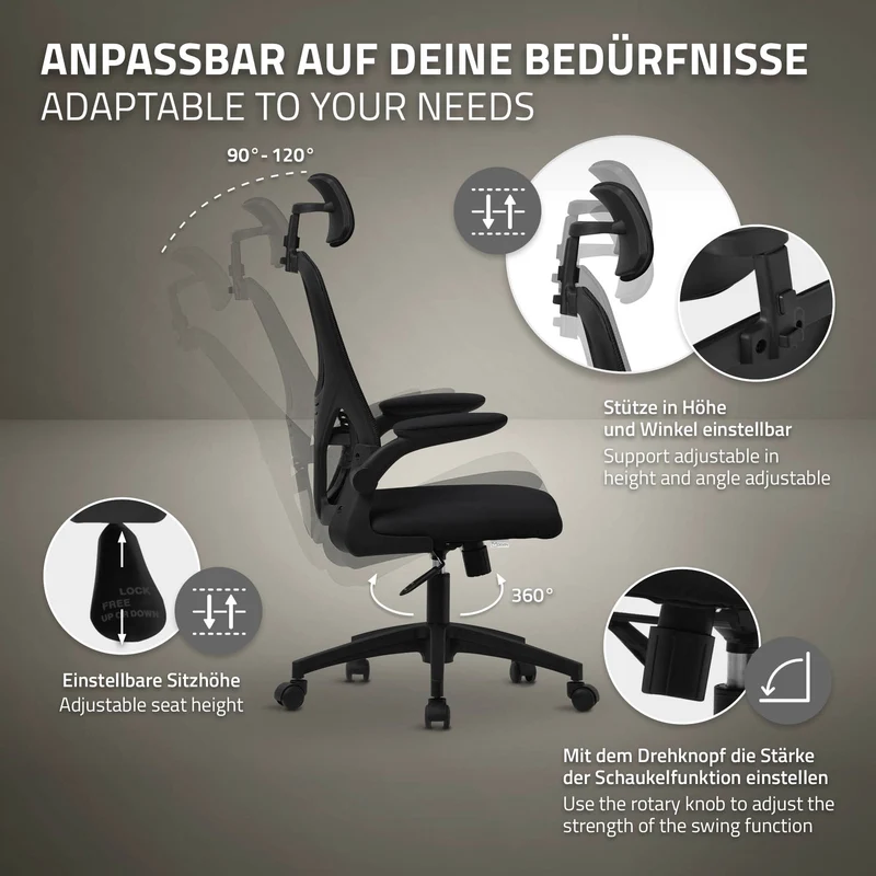 Ergonomischer Bürostuhl Schwarz Netzgewebe mit verstellbarer Kopfstütze und Rollen ML-Design