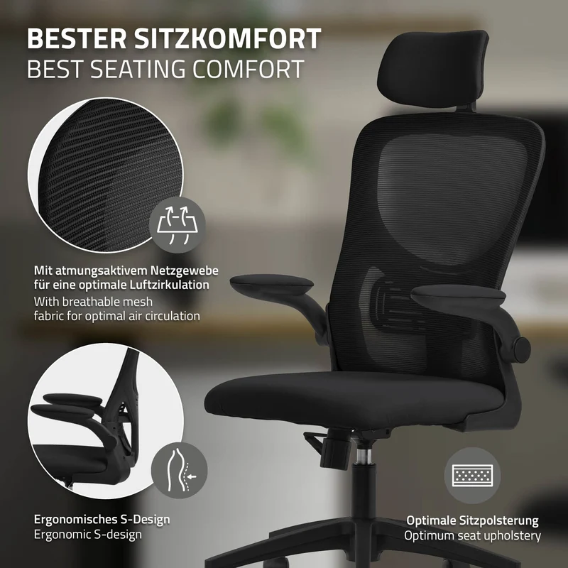 Ergonomischer Bürostuhl Schwarz Netzgewebe mit verstellbarer Kopfstütze und Rollen ML-Design