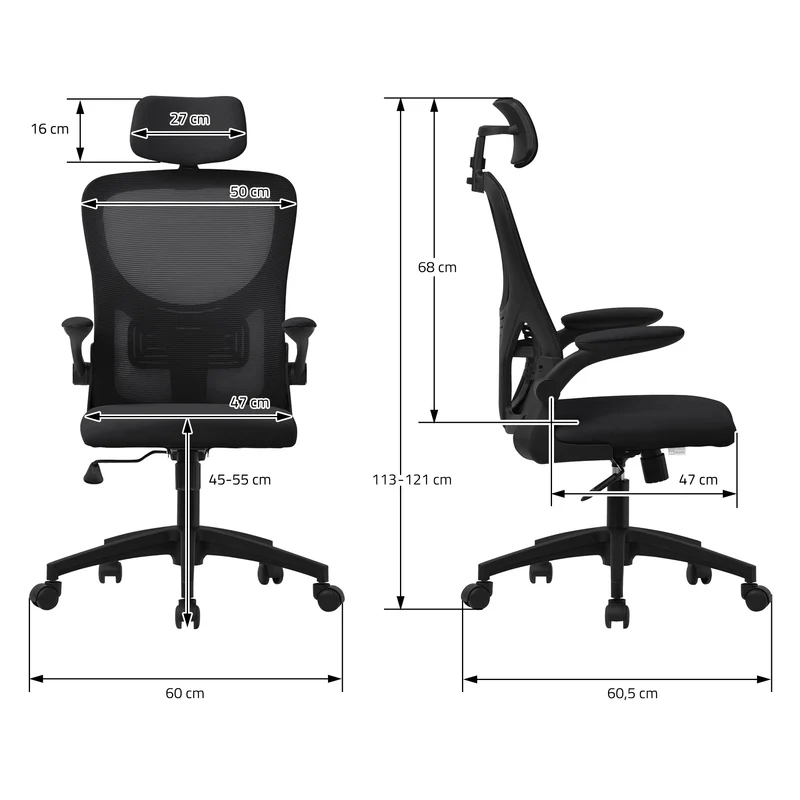 Ergonomischer Bürostuhl Schwarz Netzgewebe mit verstellbarer Kopfstütze und Rollen ML-Design