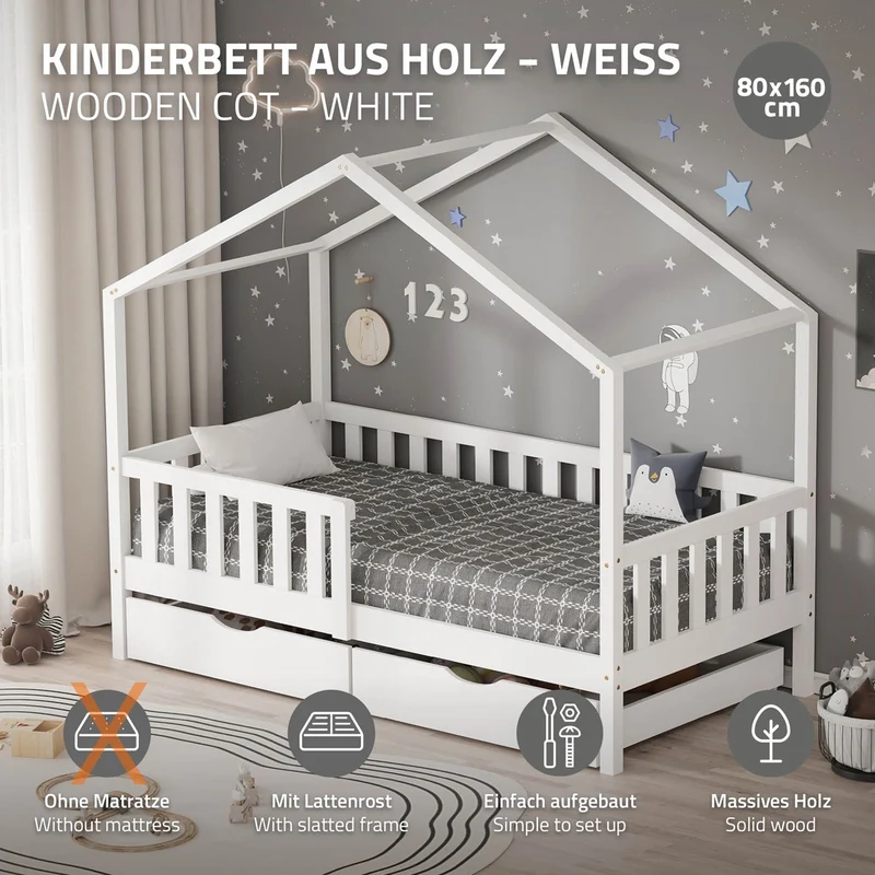 Kinderbett Hausbett mit 2 Schubkasten 80x160 cm Weiß aus Kiefernholz mit Rausfallschutz und Lattenrost ML-Design