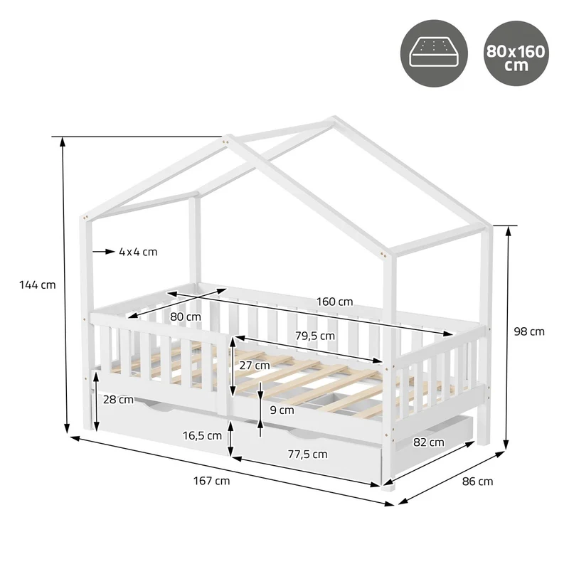 Kinderbett Hausbett mit 2 Schubkasten 80x160 cm Weiß aus Kiefernholz mit Rausfallschutz und Lattenrost ML-Design