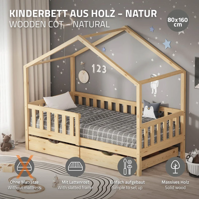 Kinderbett Hausbett mit 2 Schubkasten 80x160 cm Natur aus Kiefernholz mit Rausfallschutz und Lattenrost ML-Design