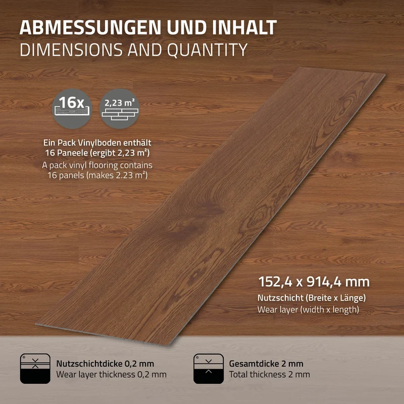 5x Deluxe PVC Klebevinylboden für 2,23 m² Roteiche Braun 2 mm dick ML-Design
