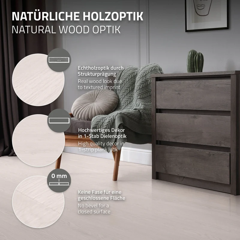 5x Deluxe PVC Klebevinylboden für 2,23 m² Weiß Eiche 2 mm dick ML-Design