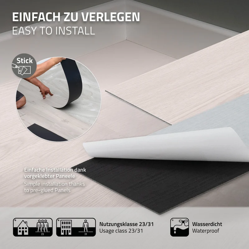 5x Deluxe PVC Klebevinylboden für 2,23 m² Weiß Eiche 2 mm dick ML-Design
