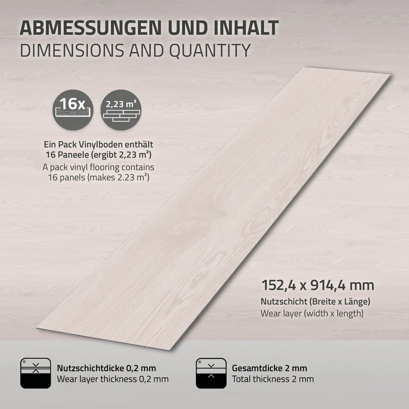 3x Deluxe PVC Klebevinylboden für 2,23 m² Weiß Eiche 2 mm dick ML-Design