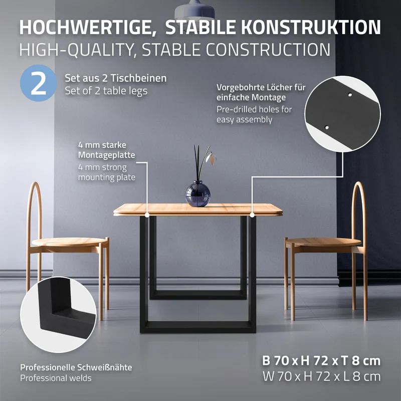 2x Tischbeine Tischkufen aus Vierkantprofilen 70x72 cm Schwarz, pulverbeschichtete Stahl