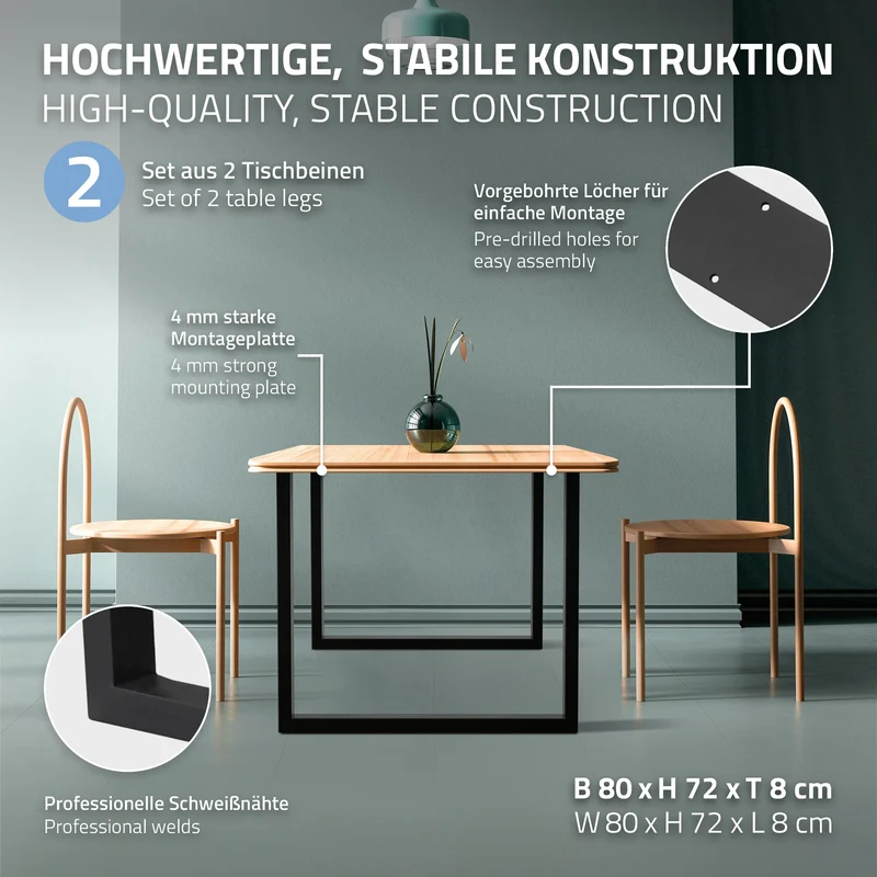 2x Tischbeine Tischkufen aus Vierkantprofilen 80x72 cm Schwarz pulverbeschichtete Stahl