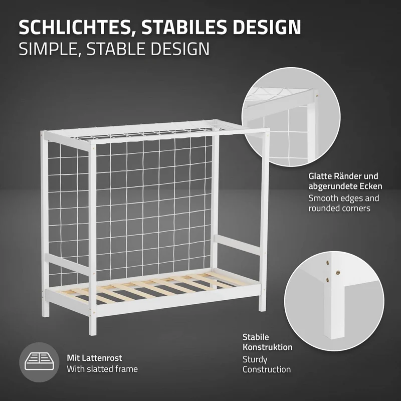 Kinderbett Fußballtor 70x140 cm Weiß Einzelbett für Kinder Holzbett mit Lattenrost & Tornetz Handballtor ML-Design