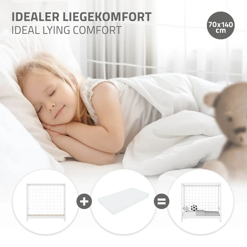 Kinderbett Fußballtor 70x140 cm Weiß Einzelbett für Kinder Holzbett mit Lattenrost & Tornetz Handballtor ML-Design