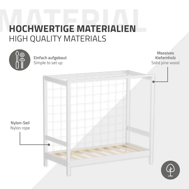 Kinderbett Fußballtor 70x140 cm Weiß Einzelbett für Kinder Holzbett mit Lattenrost & Tornetz Handballtor ML-Design