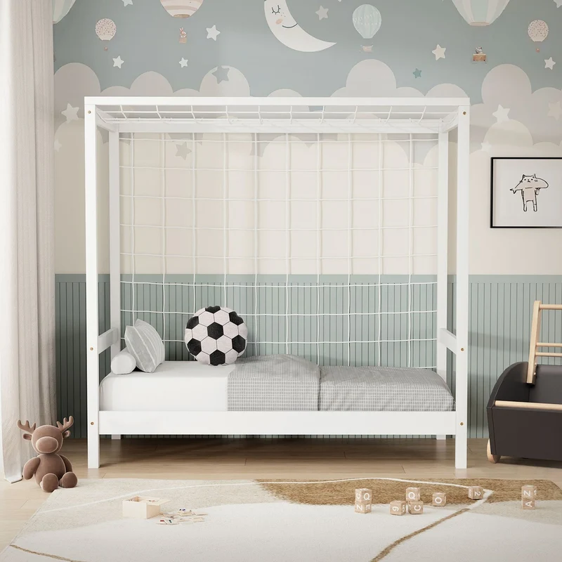 Kinderbett Fußballtor 70x140 cm Weiß Einzelbett für Kinder Holzbett mit Lattenrost & Tornetz Handballtor ML-Design