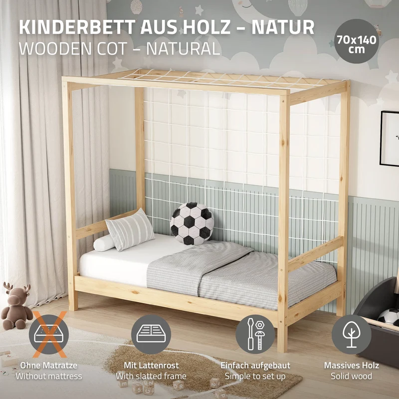 Kinderbett Fußballtor 70x140 cm Natur Einzelbett für Kinder Holzbett mit Lattenrost & Tornetz Handballtor ML-Design