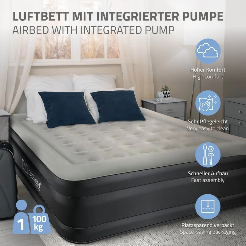 Luftmatratze Luftbett mit eingebauter Luftpumpe für 1 Person 196x97x47 cm Grau ML-Design