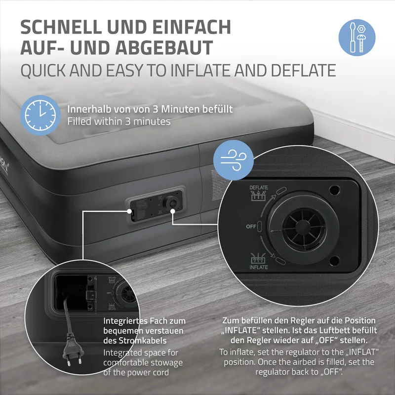 Luftmatratze Luftbett mit eingebauter Luftpumpe für 1 Person 196x97x47 cm Grau ML-Design