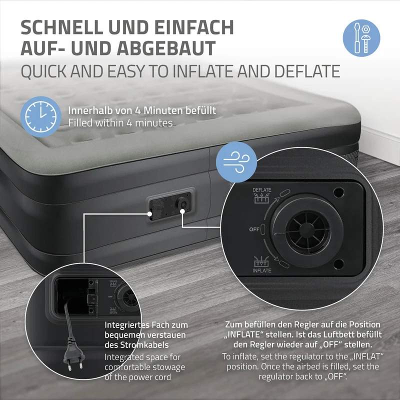 Luftmatratze Luftbett mit eingebauter Luftpumpe für 2 Personen 203x157x47 cm Grau ML-Design