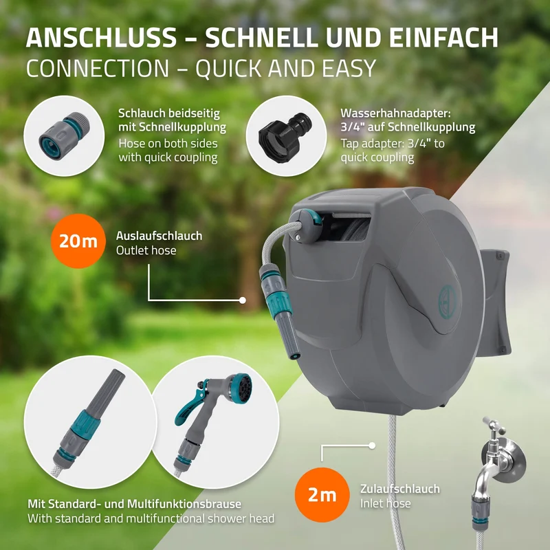 Schlauchaufroller 20m+2m Schlauchtrommel Wand-Schlauchbox RollUp mit Arretierstop und 9 Sprühfunktionen 180° Schwenkbar