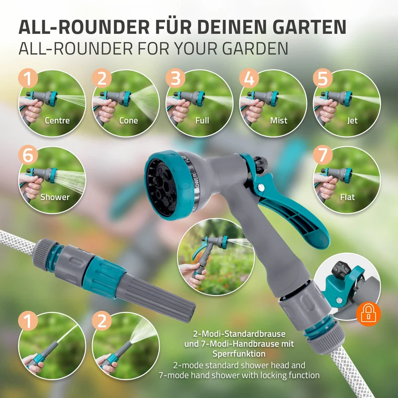 Schlauchaufroller 15m+1.5m Schlauchtrommel Wand-Schlauchbox RollUp mit Arretierstop und 9 Sprühfunktionen 180° Schwenkbar