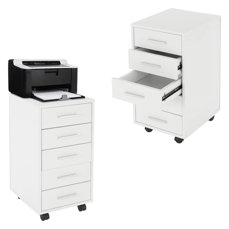2er Set Rollcontainer, mobiler Aktenschrank, 33x38x63,5 cm, Büroschrank mit 5 Schubladen, Lagerschrank für Büro & Homeoffice ML-Design