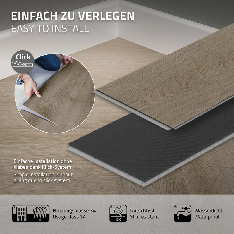 PVC Vinylboden Bodenbelag 4er Set à 20 Dielen 4,2mm für 1,56m² mit Klick-System Fischgräte Eiche dunkel ML-Design