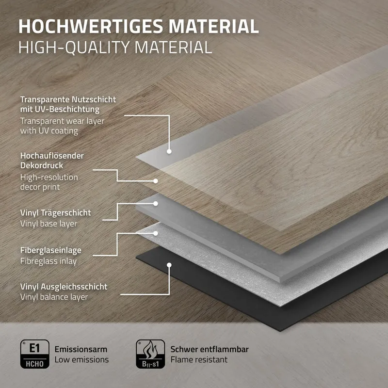 PVC Vinylboden Bodenbelag 3er Set à 20 Dielen 4,2mm für 1,56m² mit Klick-System Fischgräte Eiche dunkel ML-Design