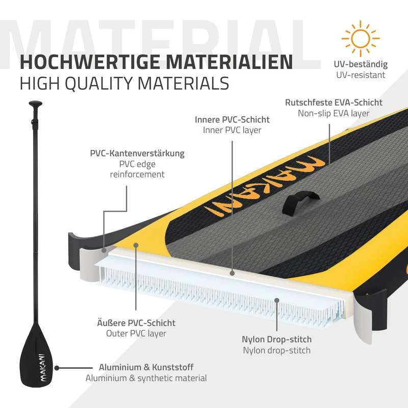 Stand Up Paddle aufblasbares SUP Board Makani 320x80x15 cm in Gelb aus PVC inkl. Pumpe und Tragetasche