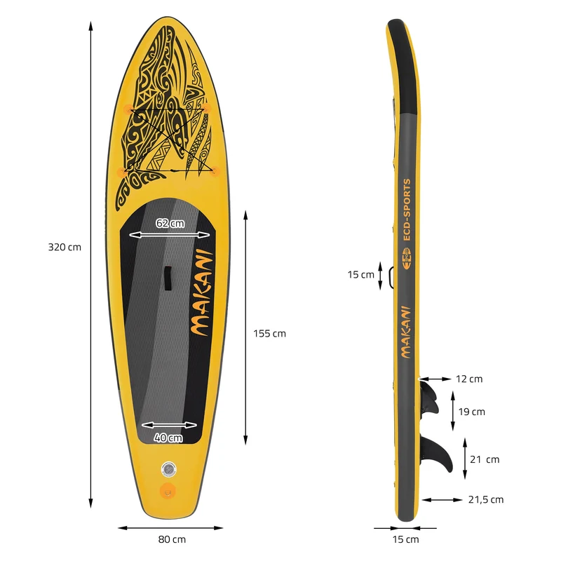 Stand Up Paddle aufblasbares SUP Board Makani 320x80x15 cm in Gelb aus PVC inkl. Pumpe und Tragetasche