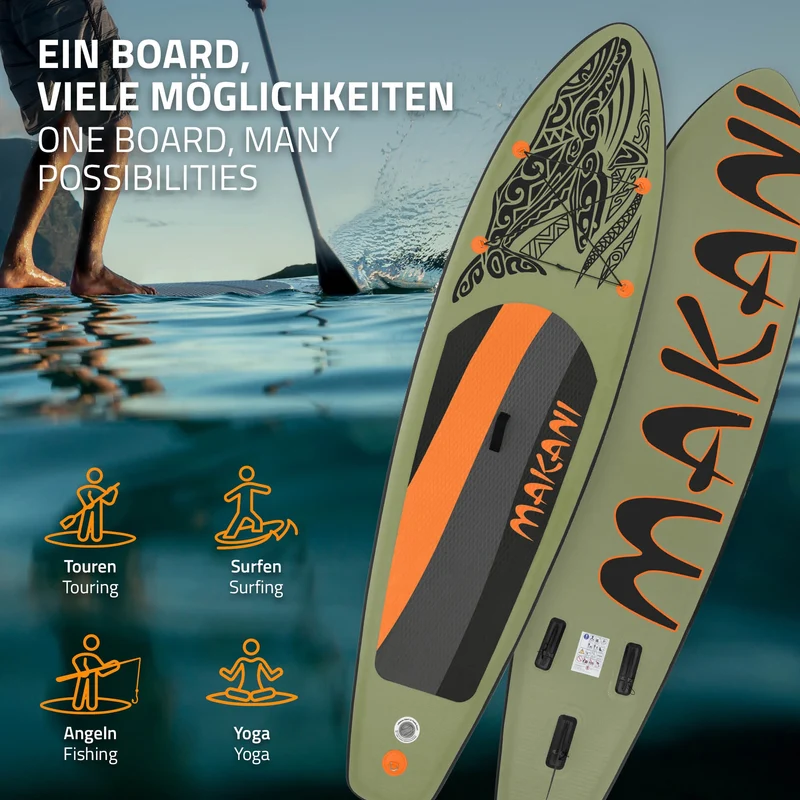 Stand Up Paddle aufblasbares SUP Board Makani 320x80x15 cm in Olive aus PVC inkl. Pumpe und Tragetasche