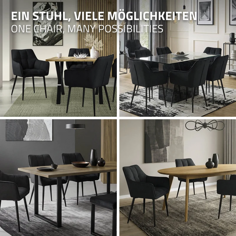 6er Set Esszimmerstuhl Schwarz aus Frotteestoff mit dickem gepolsterter Sitz ML-Design