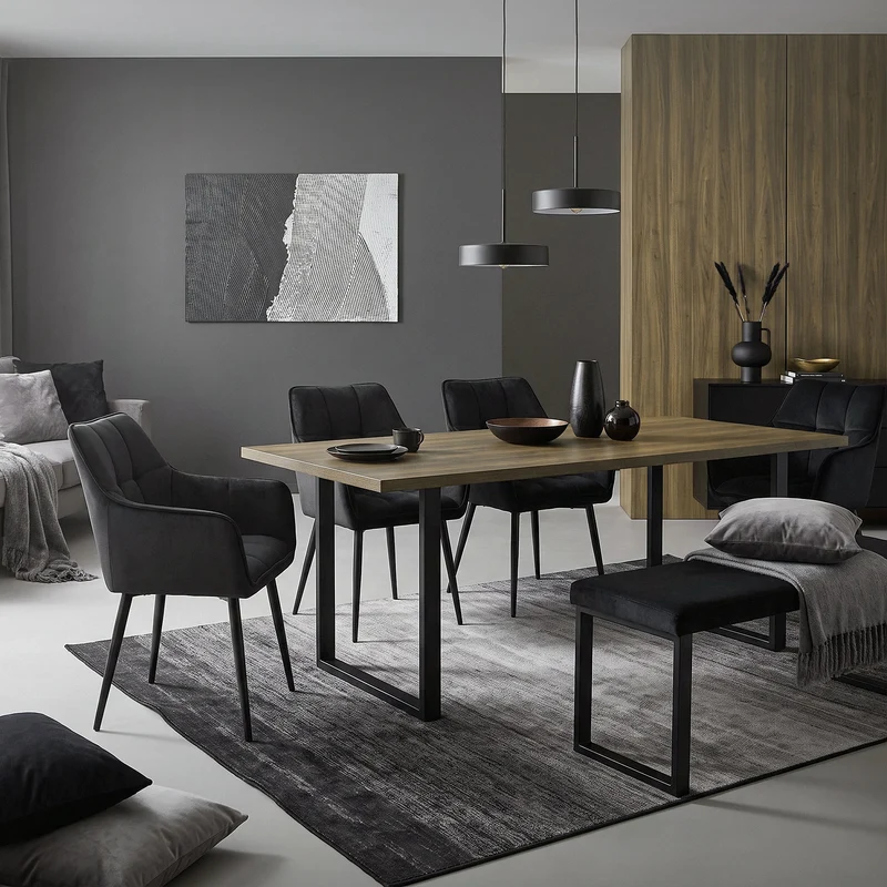 6er Set Esszimmerstuhl Schwarz aus Frotteestoff mit dickem gepolsterter Sitz ML-Design