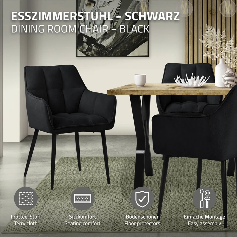 4er Set Esszimmerstuhl Schwarz aus Frotteestoff mit dickem gepolsterter Sitz ML-Design