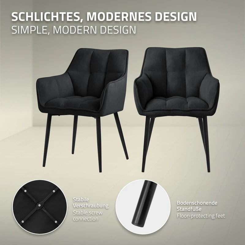 4er Set Esszimmerstuhl Schwarz aus Frotteestoff mit dickem gepolsterter Sitz ML-Design