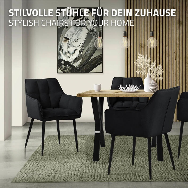 4er Set Esszimmerstuhl Schwarz aus Frotteestoff mit dickem gepolsterter Sitz ML-Design