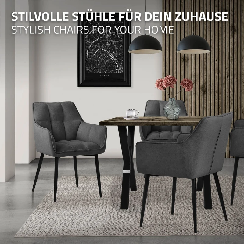 6er Set Esszimmerstuhl Dunkelgrau aus Frotteestoff mit dickem gepolsterter Sitz ML-Design