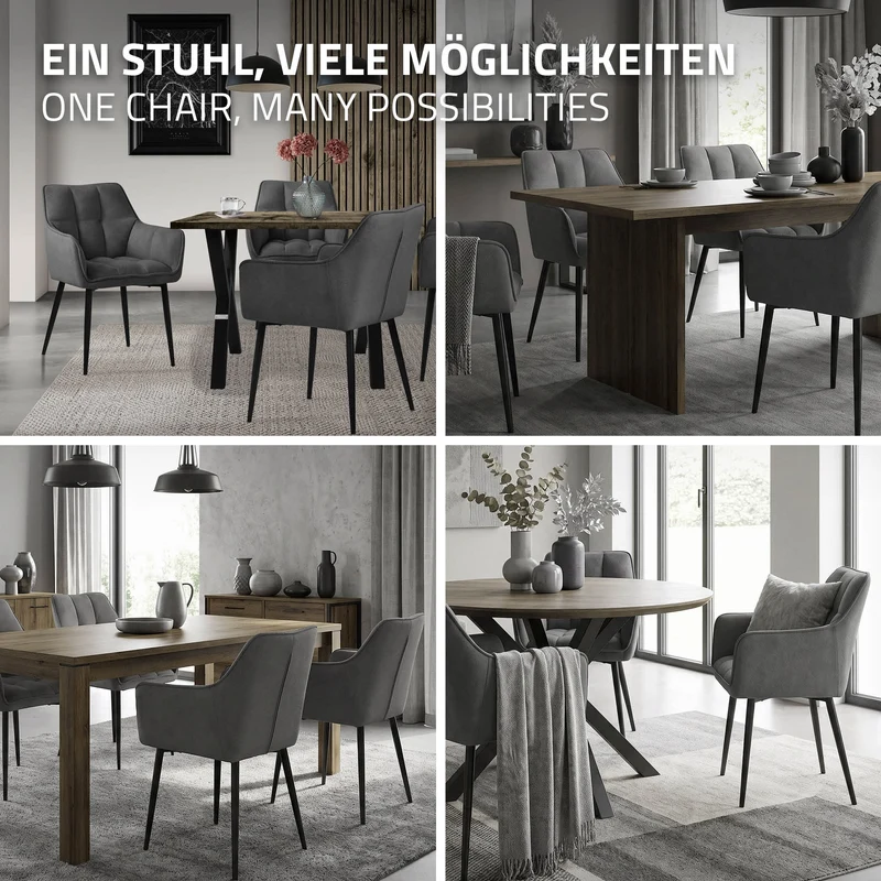 6er Set Esszimmerstuhl Dunkelgrau aus Frotteestoff mit dickem gepolsterter Sitz ML-Design