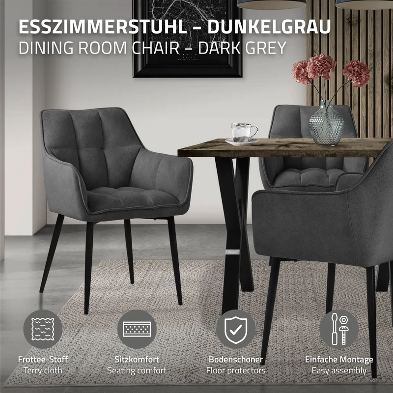 4er Set Esszimmerstuhl Dunkelgrau aus Frotteestoff mit dickem gepolsterter Sitz ML-Design