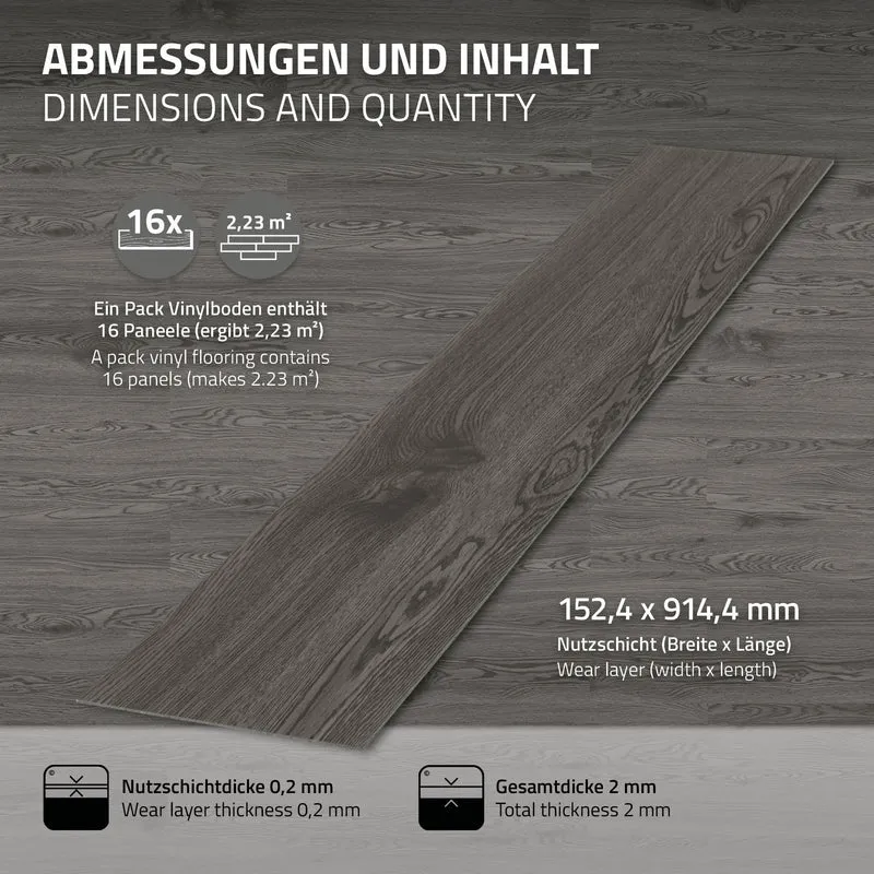 2er Set Deluxe PVC Klebevinylboden für 2,23 m² Eiche Grau 2 mm dick ML-Design