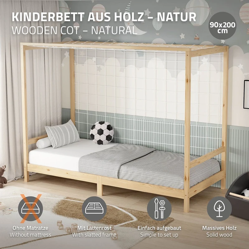 Kinderbett Fußballtor 90x200 cm Natur Einzelbett für Kinder Holzbett mit Lattenrost & Tornetz Handballtor ML-Design