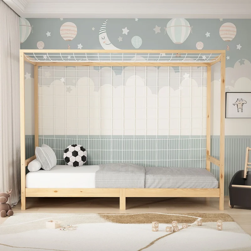 Kinderbett Fußballtor 90x200 cm Natur Einzelbett für Kinder Holzbett mit Lattenrost & Tornetz Handballtor ML-Design