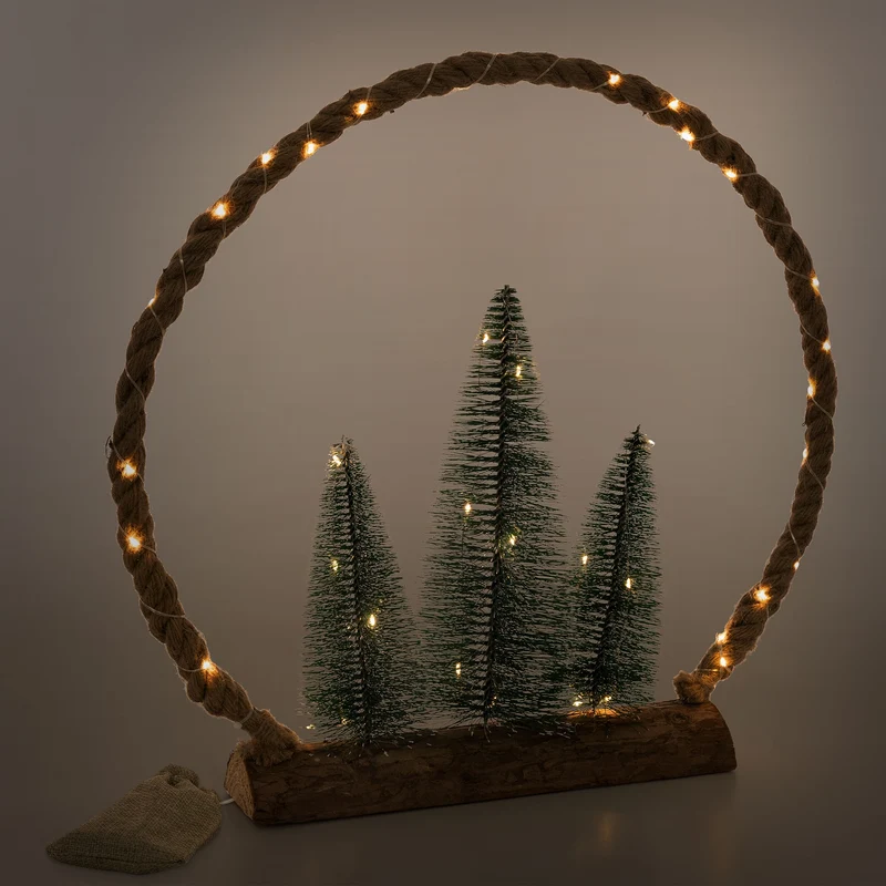 LED Jute Kreis 45x45x9,5 cm aus Seil mit 45 warmweißen LEDs 3 Tannen Jutesäckchen Batterien Timer