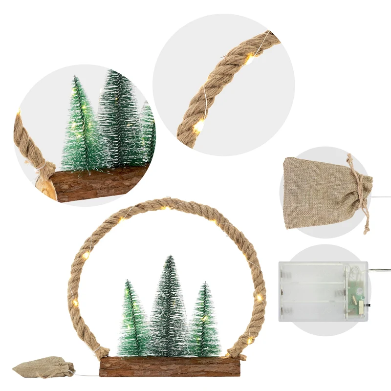 LED Jute Kreis 34x30x7.5 cm aus Seil mit 30 warmweißen LEDs 3 Tannen Jutesäckchen Batterien Timer