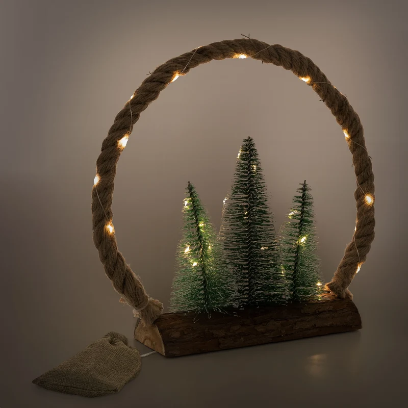 LED Jute Kreis 34x30x7.5 cm aus Seil mit 30 warmweißen LEDs 3 Tannen Jutesäckchen Batterien Timer